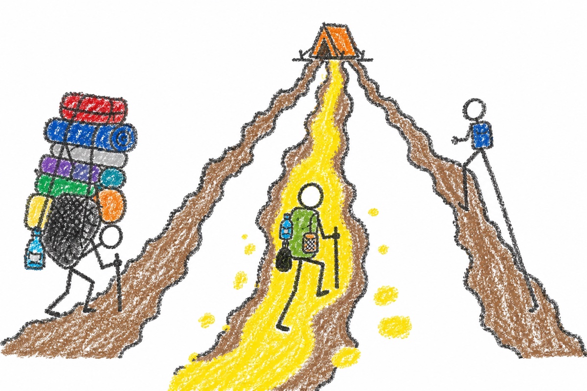 装備の軽さが異なる三人の登山者が、同じ山のキャンプ地を目指すゆるいクレヨン風イラスト